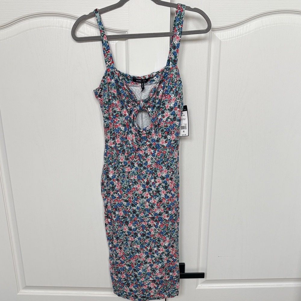 BCBG Paris Pink and Blue Floral Midi Dress with Front Cutout